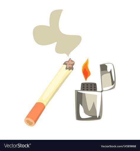Lighter And Burning Cigarette Colorful Cartoon Vector Image