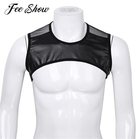 Gay Mens Fashion Faux Leather Patchwork Sleeveless Sheer Mesh Muscle Half Tank Top Vest Harness