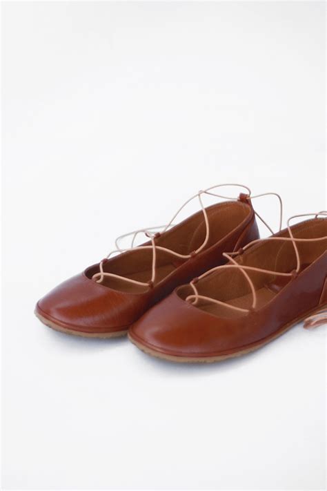 The Drifter Leather Handmade Shoes — Lace Up Ballet Flats In Warm Brown