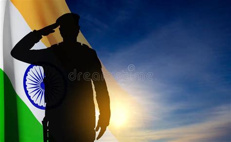 Silhouette Of Saluting Soldier With India Flag Stock Vector