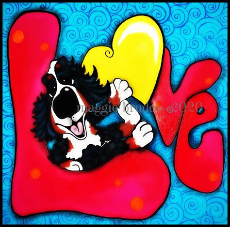 Bernese Mountain Dog Whimsical Yellow Heart Love Pink Red Blue Etsy