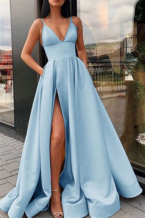 Simple A Line Yellow Spaghetti Straps Satin Prom Dresses With Slit