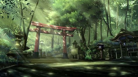 Wallpaper Statue Scenic Anime Landscape Torii Shrine Trees