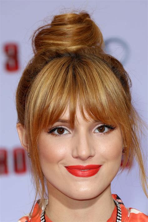 Bella Thorne Straight Ginger Bun Curved Bangs Hairstyle Steal Her Style
