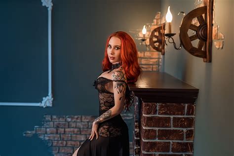 Wallpaper Women Redhead Portrait Tattoo Black Dress See Through Clothing Bricks