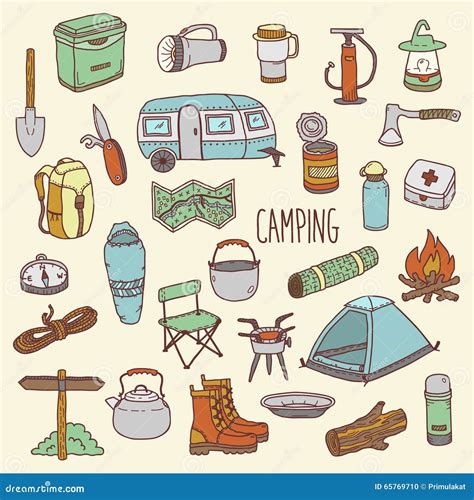 Camping Vector Hand Drawn Colorful Icon Set Stock Vector Illustration