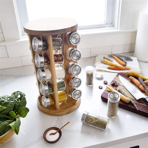 Orii Bamboo Rotating 20 Jar Spice Rack Filled With Spices Rotating S