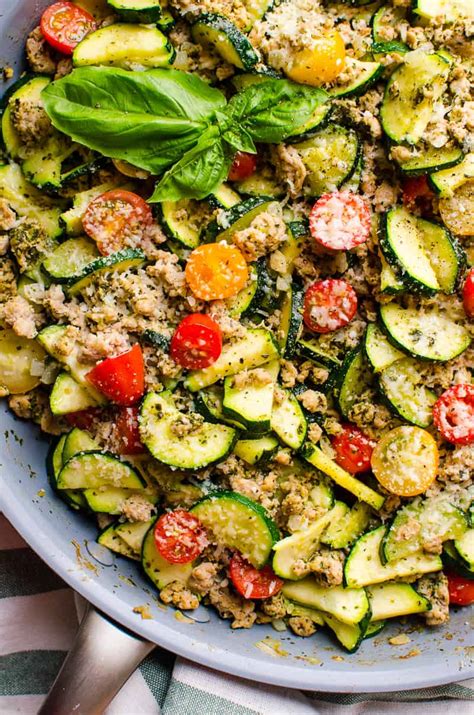 And while turkey has gotten a bad reputation over the years for being dry and tasteless, simply follow the easy recipe instructions and you will see how flavorful and juicy ground turkey can be. Low Carb Ground Turkey Zucchini Skillet with Pesto - iFOODreal