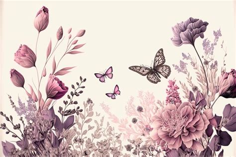 Premium Photo Drawn Blooming Flowers And Flying Butterflies On White