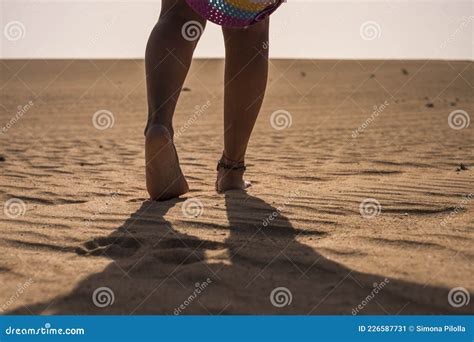 Nude Woman Feet Walking Soft On The Desert Beach Sand Concept Of