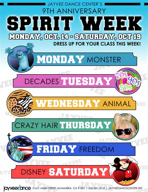 Spirit Week Jayvee Dance Center School Spirit Week Spirit Week Spirit Week Themes