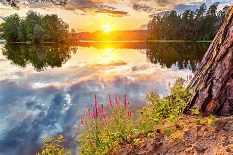 Beautiful Sunset Over Lake Featuring Landscape Lake And Sunset