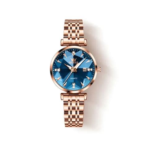 Olevs 5536 Diamond Cart Luxury Exquisite Womens Watch Rose Gold And Blue