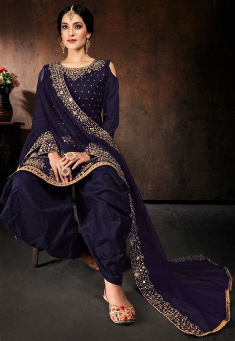 Buy Embroidered Cotton Punjabi Suit In Navy Blue Online Kch6141 Utsav Fashion