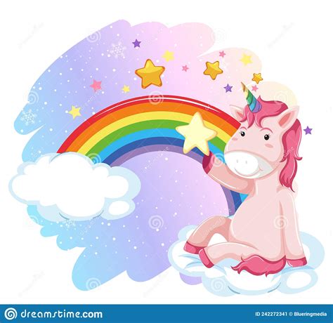 Pink Unicorn Sitting On A Cloud With Rainbow Stock Vector