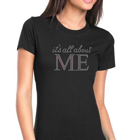 Womens T Shirt Rhinestone Bling Black Tee Its All About Me Crew Neck