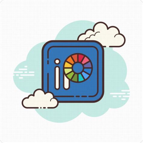 A Blue Box With A Rainbow Wheel On Top And Clouds Around It In The