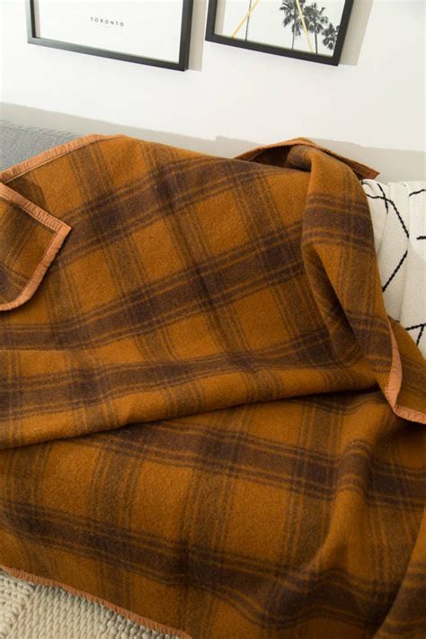 Orange Wool Blanket Vintage Checkered Plaid Throw Cottage Couch Or
