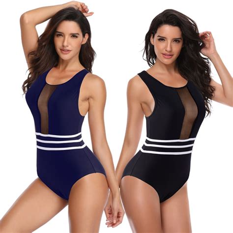 New Sexy Mesh Patchwork Solid Swimsuit Women One Piece Swimwear Monokini Round Neck Beach Wear