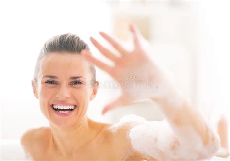 Happy Young Woman In Bathtub Showing Foam Stock Image Image Of Modern Relaxing 41761623