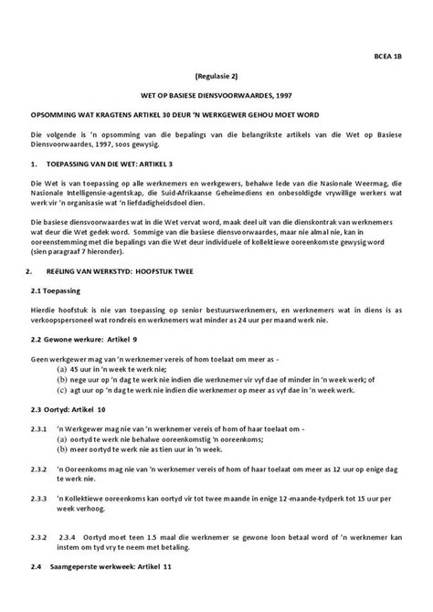 Summary Of The Basic Conditions Of Employment Act Afrikaans Document