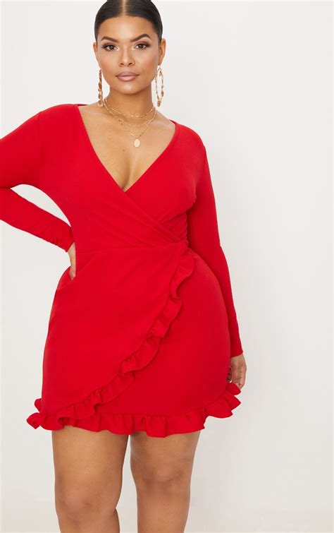 Plus Red Ruffle Detail Wrap Dress Plus Size Prettylittlething Uae