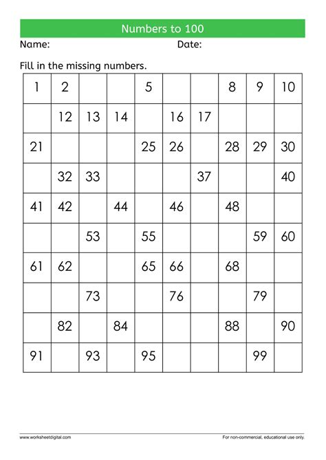 Numbers To 100 Fill In The Missing Numbers Worksheet Digital