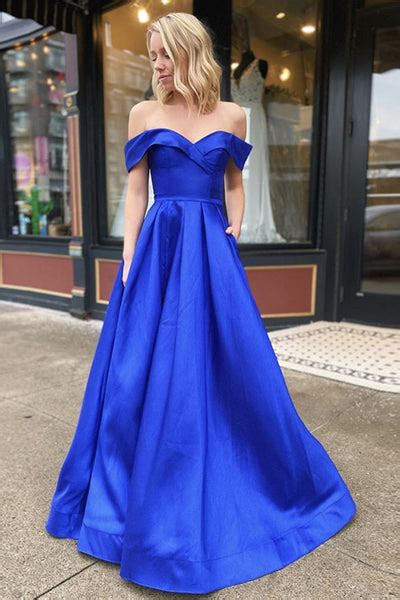 Off Shoulder Royal Blue Satin Long Prom Dress With Leg Slit Off Shoul Abcprom