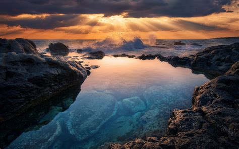 Papel De Parede Panorama Pôr Do Sol Mar Baía Agua Rocha