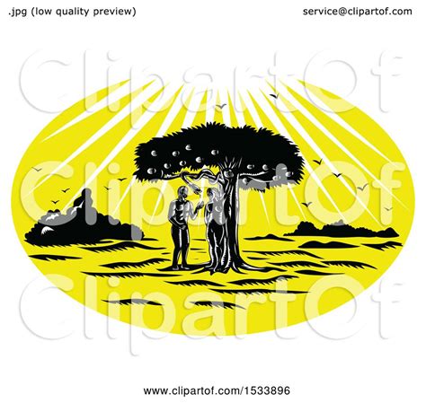 Clipart Of A Woodcut Styled Scene Of Adam And Eve By A Snake In An