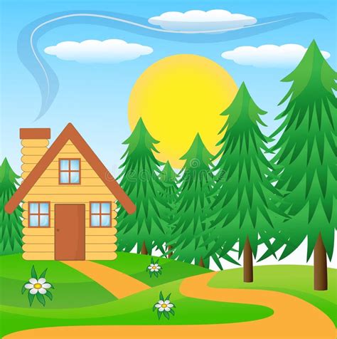 Wooden House Green Lawn Near Forest Stock Illustrations 10 Wooden