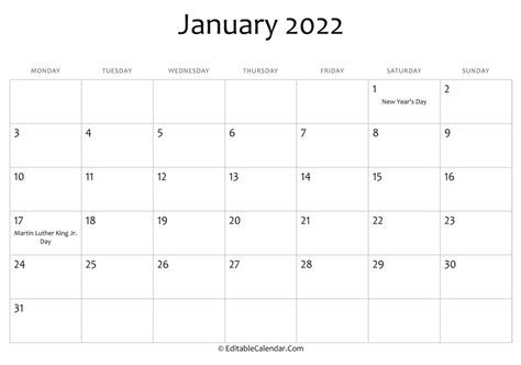 2022 January Calendar Editable Calendar Example And Ideas