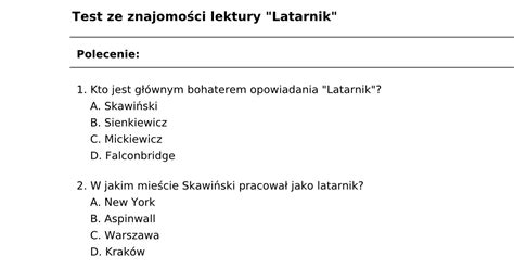 Test z lektury Latarnik PDF do druku dla uczniów nauczycieli