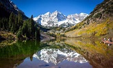 Lake mountains reflection forest snow forest Maroon Bells Colorado ...