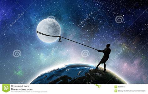 Woman Catching Moon Mixed Media Stock Image Image Of Delight