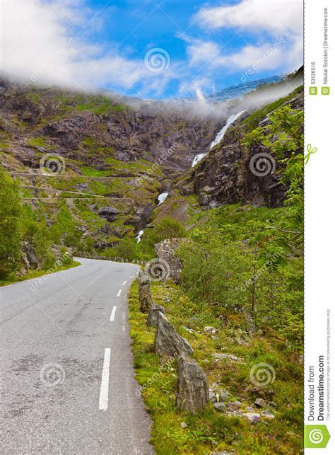 Stigfossen Waterfall And Bridge On Trollstigen Road Norway Stock