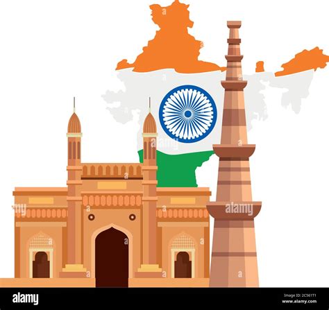 Gateway With Qutub Minar And Map India Famous Monuments Of India On