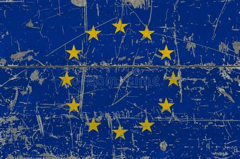 Grunge European Union Flag On Old Scratched Wooden Surface National