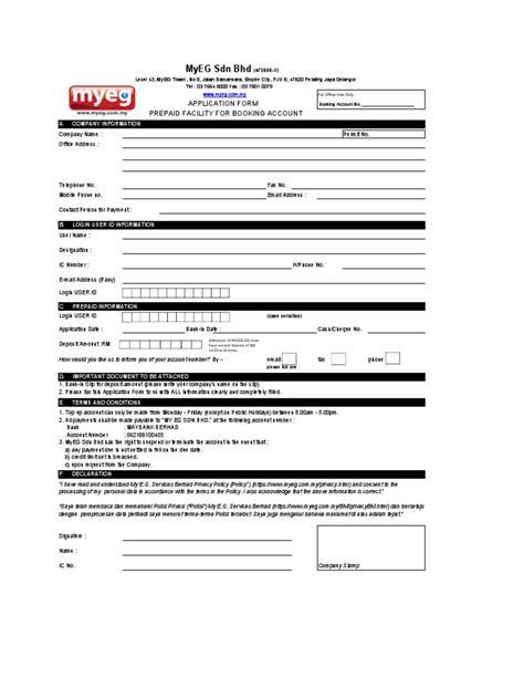 Myeg Sdn Bhd Application Form Prepaid Facility For Booking Account