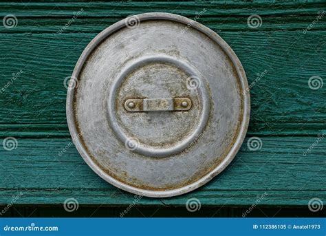 Old Gray Lid On The Green Wall Stock Image Image Of Kitchenware