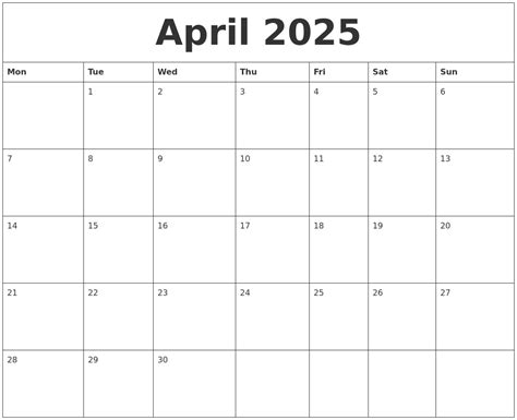 April 2025 Calendar Monthly