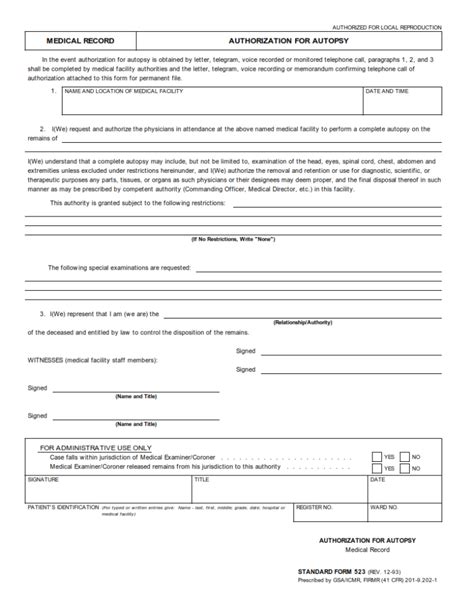 Sf 523 Form Medical Record Authorization For Autopsy Sf Forms