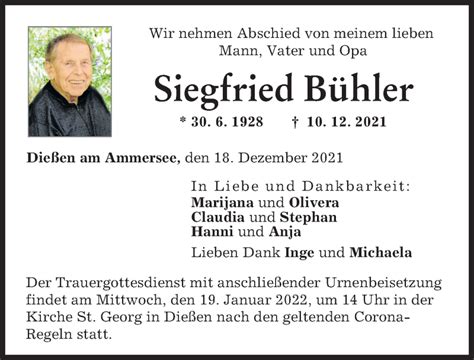 Traueranzeigen Von Siegfried B Hler Augsburger Allgemeine Zeitung