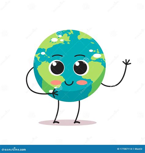 Cute Earth Character Waving Hand Cartoon Mascot Globe Personage Save