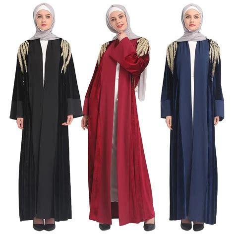 Abaya Women Muslim Open Front Cardigan Velvet Maxi Dress Beading Dubai