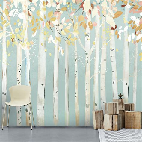 Oil Painting Huge Trees Forest Birch Forest Wallpaper Wall Etsy