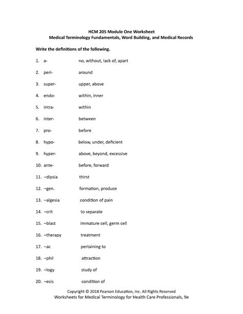 Worksheet Medical Terminology Word Building And Medical Records