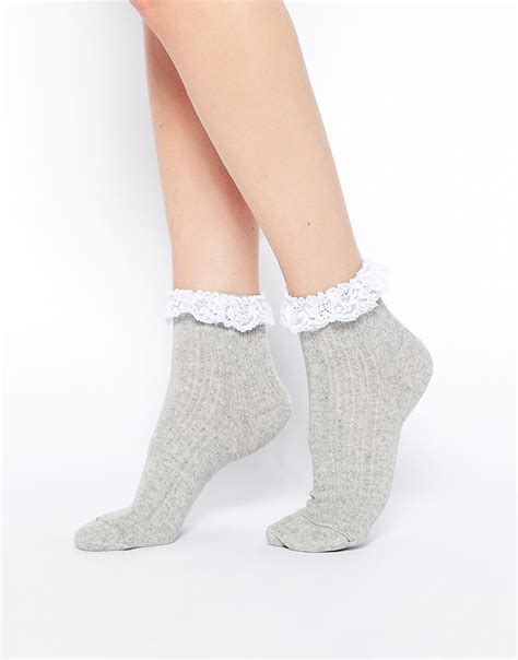 Asos Lace Trim Ankle Socks In Grey Gray Lyst