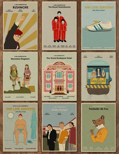 Set Of 9 Wes Anderson Minimalist Movie Posters 16 X 12 Wes Anderson