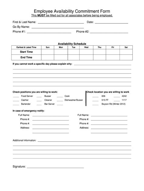 Employee Availability Commitment Form Fill And Sign Printable